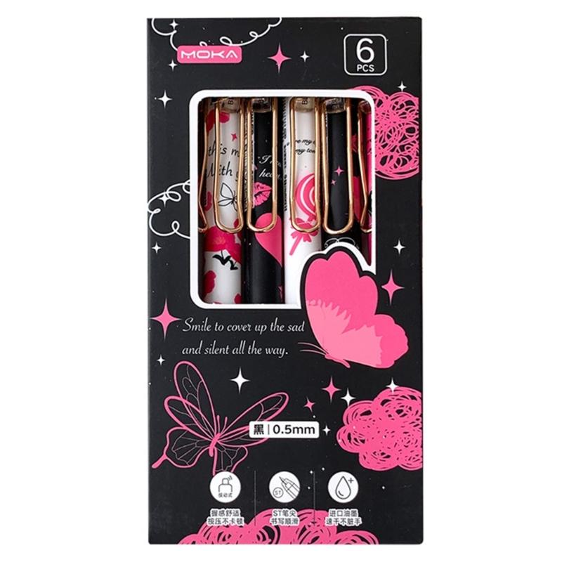 6Pcs Butterfly Gel Pen 0.5MM Tip Quick Dry Ergonomic Grip Retractable Gel Pen Office Supplies for Writing Journaling