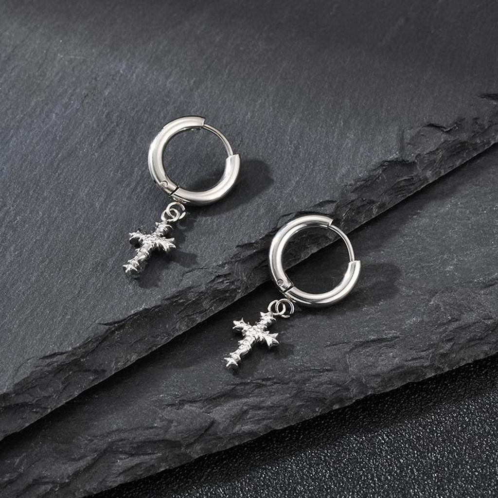 Punk Thorns Cross Hoop Earrings for Men Women,Anti Allergy Stainless Steel Metal Huggies,Waterproof Piercing Jewelry