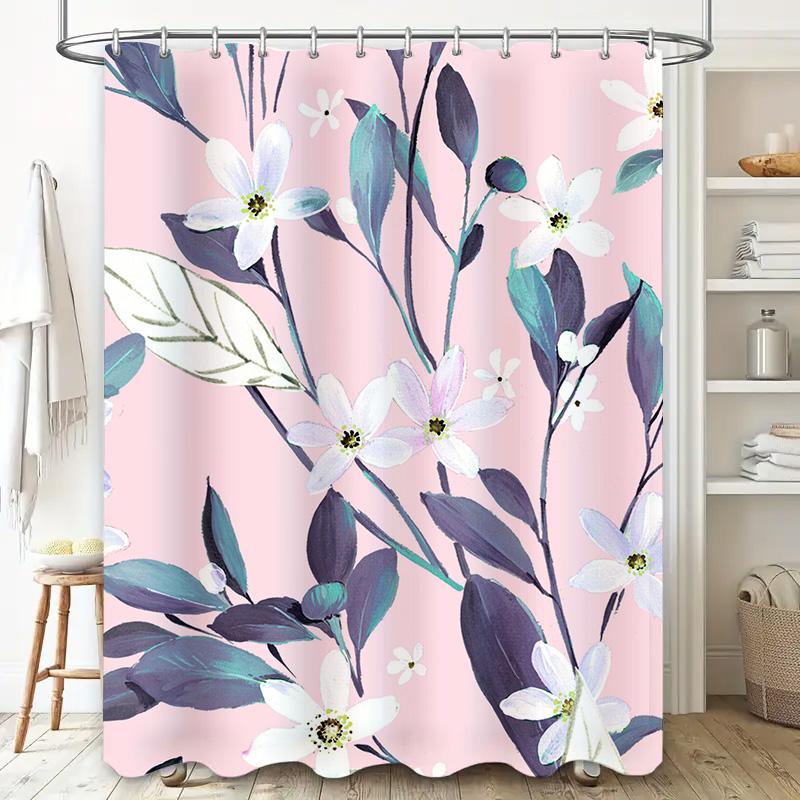 Artful Floral Shower Curtain: Pink White Bloom Decor for Bathroom Watercolor Style Bath Mat with Hook Rings Perfect Gift Idea fo