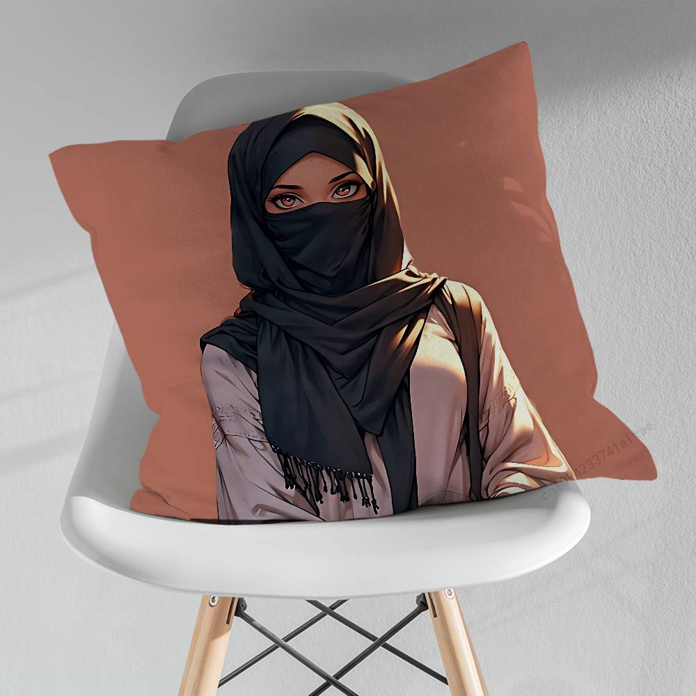 Cartoon Arabic Muslim Girls Throw Pillow Case Living Room Sofa Cushion Cover For Home Bedroom Decoration Protector