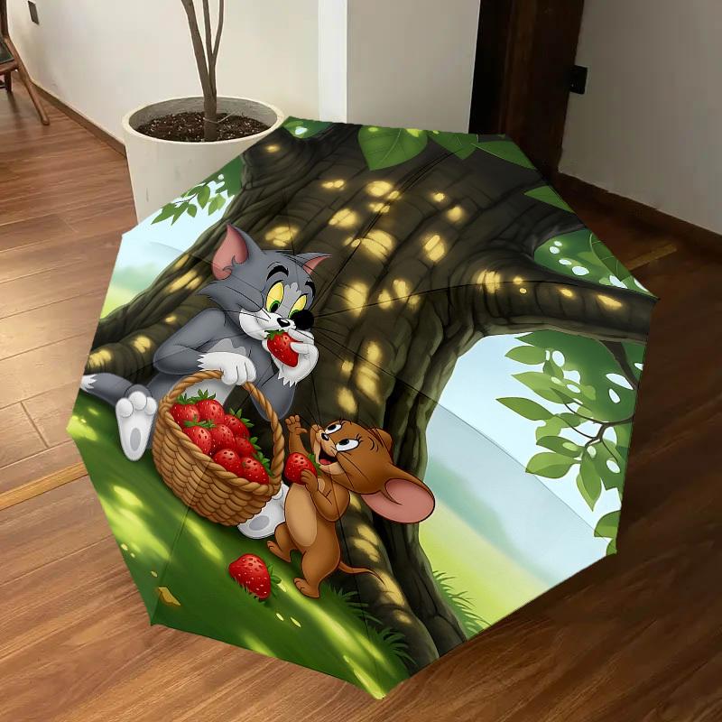 1PC Warner Tom and Jerry, strawberry Automatic Open/Close Umbrella with Windproof, 83-Rib Sturdy Canopy, Durable Ribs1300A