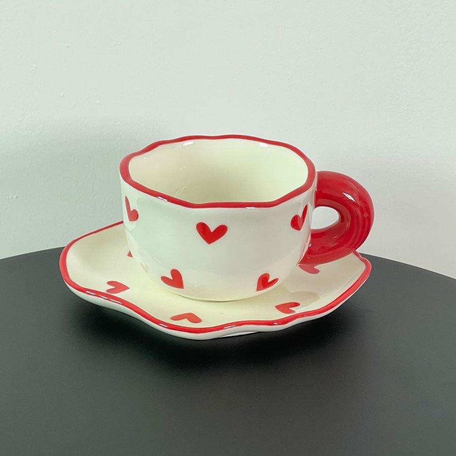 Girl'S Heart Hand-Painted Tulip Orange Bear Flower White Cloud Coffee Cup And Saucer Underglaze Irregular Ceramic Cup And Saucer