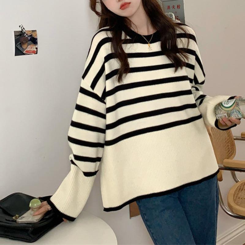 Striped Loose Lazy Wind Knitted Sweater Women's Autumn New Wear Inside and Outside with Round Neck Pullover Sweater Women's Bottoming Shirt