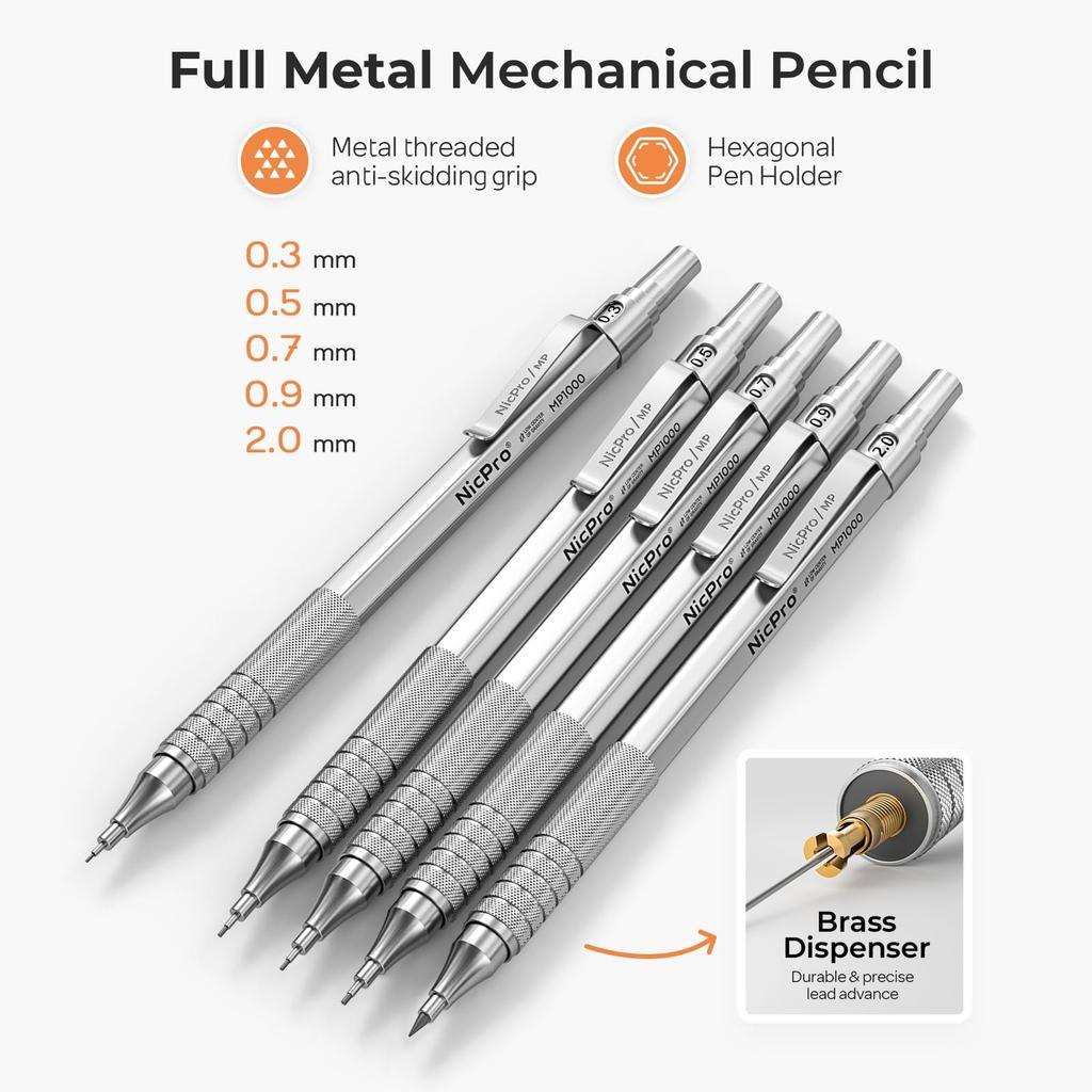 Nicpro 5-Piece Art Mechanical Pencil Set, Metal Drafting Pencils, 0.3, 0.5, 0.7, 0.9, 2mm, Graphite Lead Holder (4B, 2B, HB, 2H Colored Pencils), for
