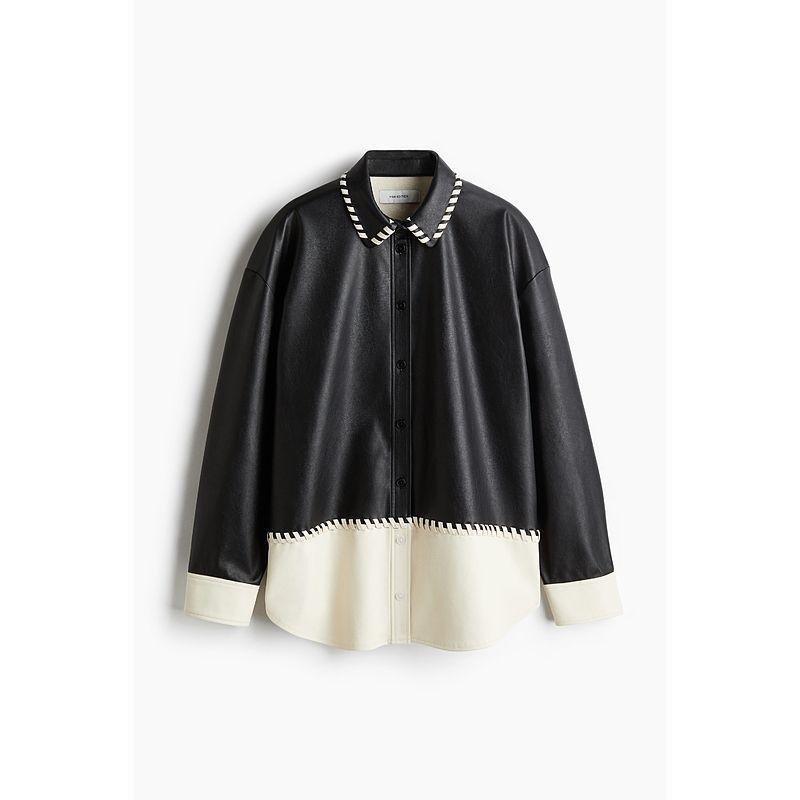 

HM Women s Clothing Fall 2025 New Arrival Coating Color Matching Shirt Coat 1272740 Black/Cream 160/88