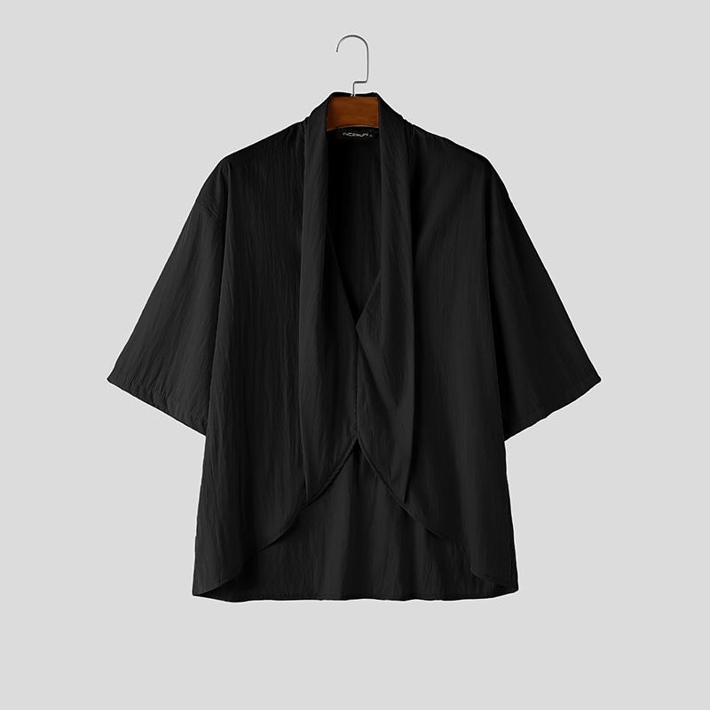 INCERUN Men's 3/4 Sleeve V-Neck Irregular Loose Fit Casual Holiday Kimono Cardigan Shirts