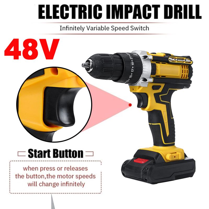 48V Mini 25+3 Torque Cordless Electric Impact Drill Screwdriver Wireless Power Driver DC With 2 Lithium-Ion Battery 3/8-Inches