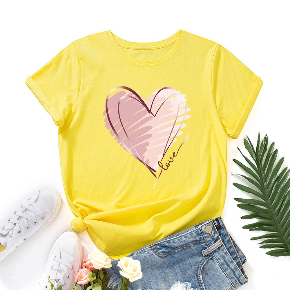 Módní bavlněné tričko s potiskem srdce, krátký rukáv, kulatý výstřih, dámské topy s 2D potiskem