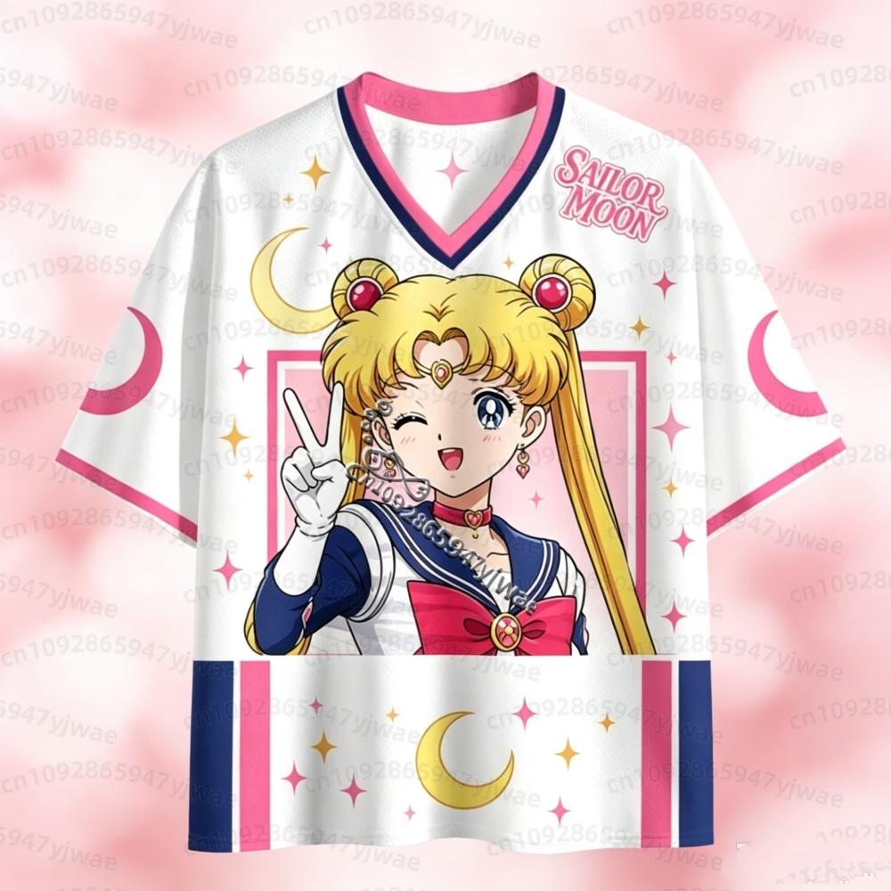 26 Camiseta de Malla Anime Sailor Moon Estampado Tsukino Usagi Cuello en V Manga Corta Camiseta para Mujer Hombre Ropa Urbana Harajuku Camiseta para Hombre