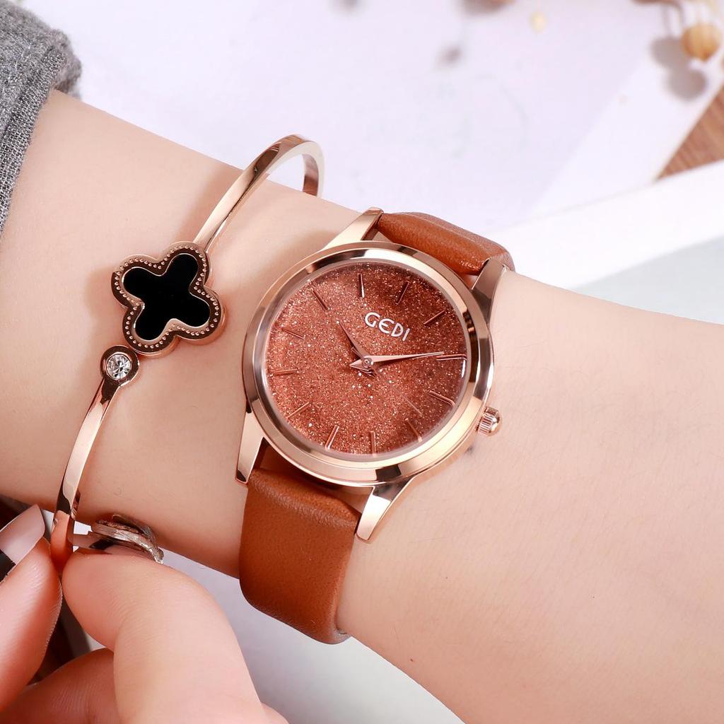 Gedi Fashion Glitter Women's High-End Waterproof Quartz Watch with Leather Strap