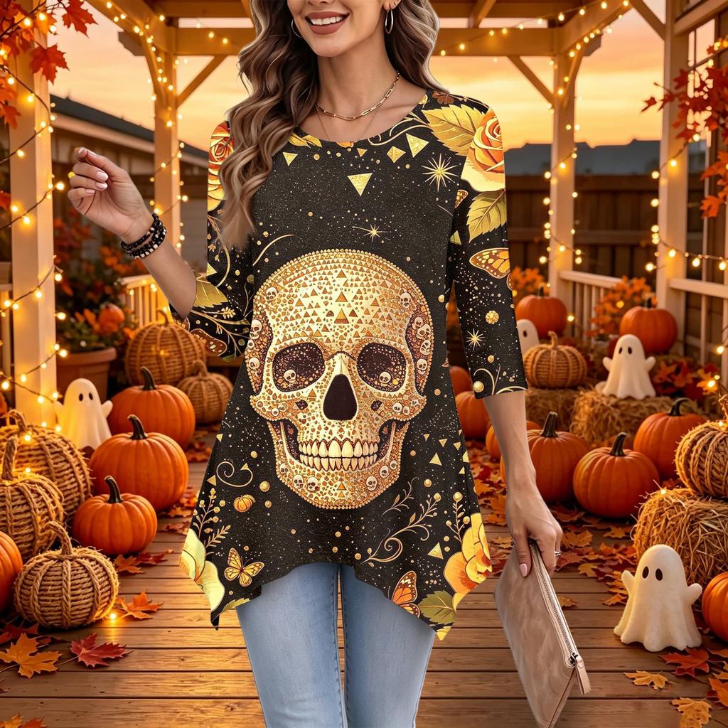 Women's Casual Halloween Print Top, Loose Fit Three-Quarter Sleeve