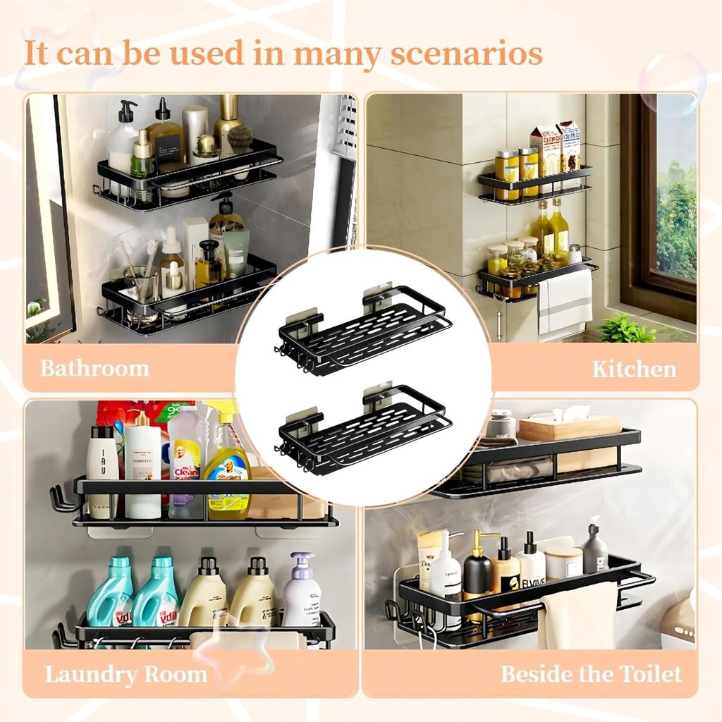 2 - Pack Aluminum Shower Caddy With 2 towel bars and 4 fixed hooks,No Drill Wall Mount Adhesive shower shelves for inside shower,Black Rustproof