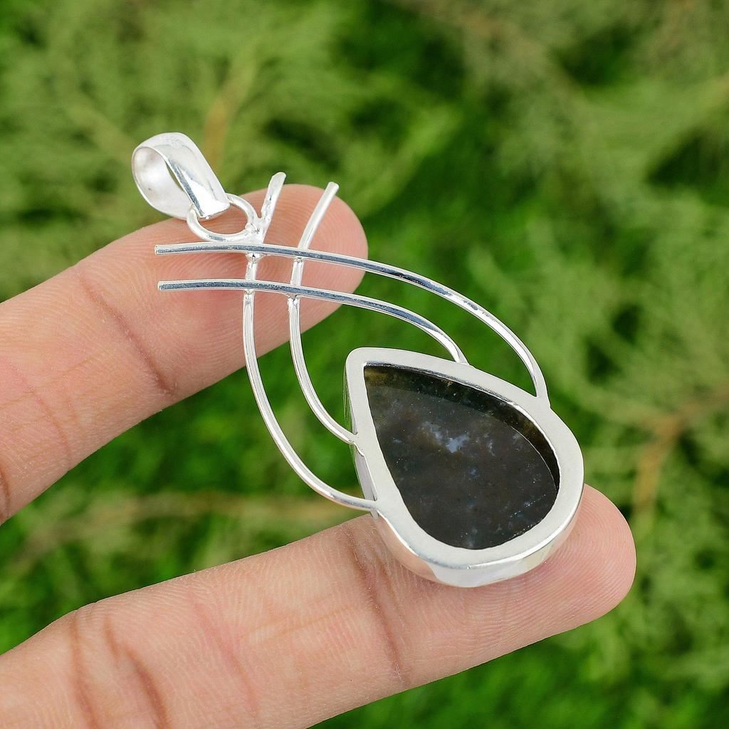 Sisters Day Deal 925 Sterling Silver Pear Solar Moss Agate Gemstone Boho Pendant