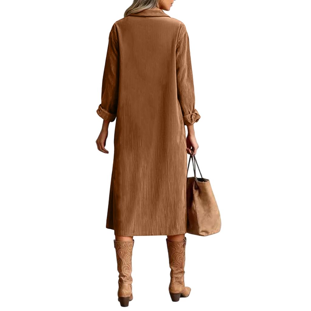 Women's Fashion Casual Color Corduroy Long-sleeved Dress With Lapel Shirt , Loose Long Skirt