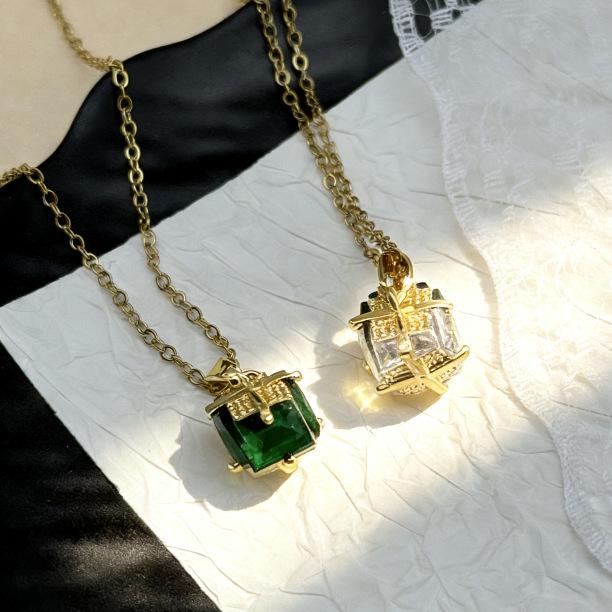 Lucky Titanium Steel 18k Gold Plated Green Zircon Pendant Necklace - Retro & Simplistic Women's Style