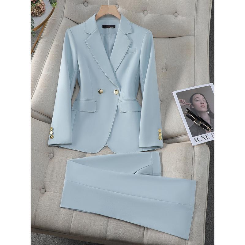

Women s High-End Double-Breasted Light Blue Business Suit - Korean Style Two-Piece Set for Spring/Autumn XXXXL