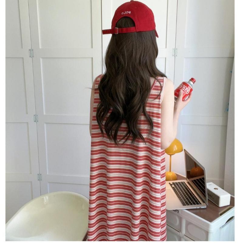 Plus Size Striped Vest Nightdress Women Summer Sleeveless Loungewear Ins Trend Loose Long Dress Pajamas Homewear