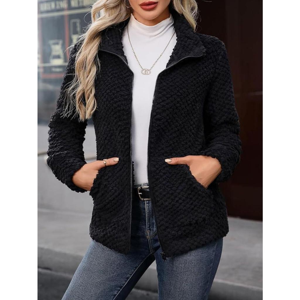 Fall Winter Women's Fleece Jacket, Loose Casual Lapel Zip Up Cardigan Coat With Pockets, European American Style Outerwear