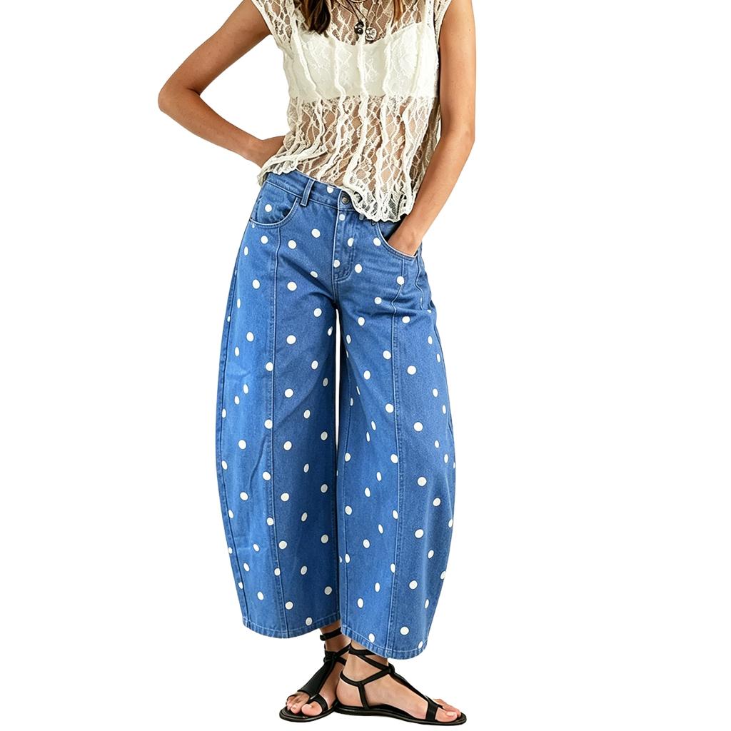 Women's Polka Dot Mid- Loose Fit Cropped Jeans for Casual Daily Wear