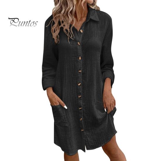 Fall Spring Women Dress Turn-down Collar Loose Long Sleeves Single-breasted Solid Color Shirt Type OL Commuting Midi Dress