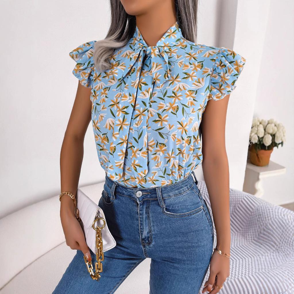 Women Floral Print Tie Neck Ruffle Sleeve Blouse