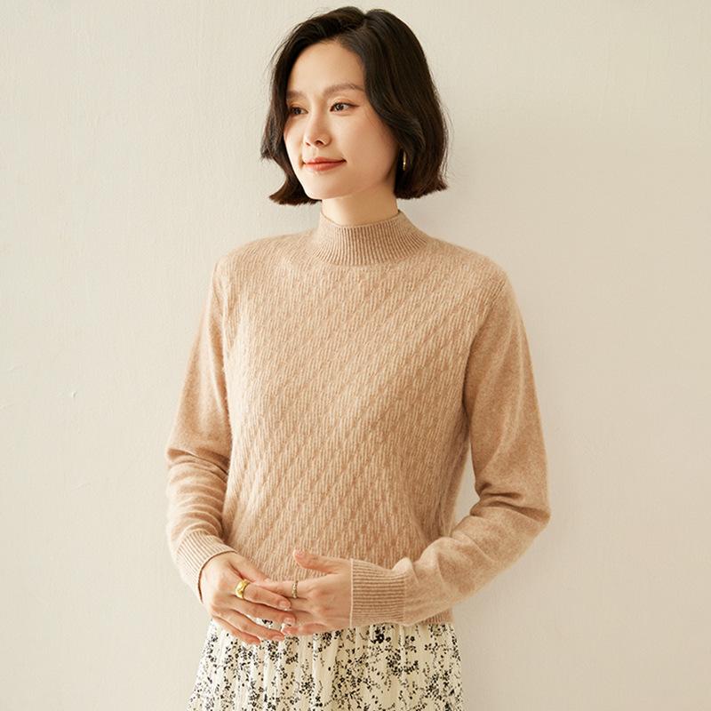 Cashmere Sweater for Women In Autumn and Winter Updated Style for Back-neck Half High Neck Relaxed Fit Long Sleeve Jacquard Base Sweater