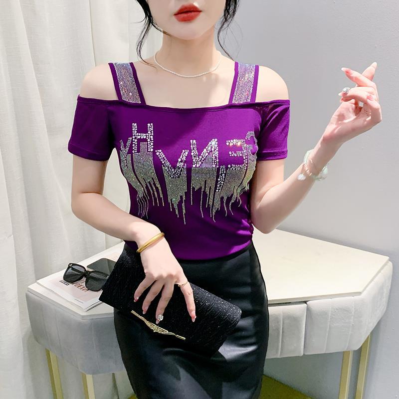 

Лето 2024 Блузка с открытыми плечами и открытой спиной из двойного слоя ледяного шелка со стразами 3XL фиолетовый