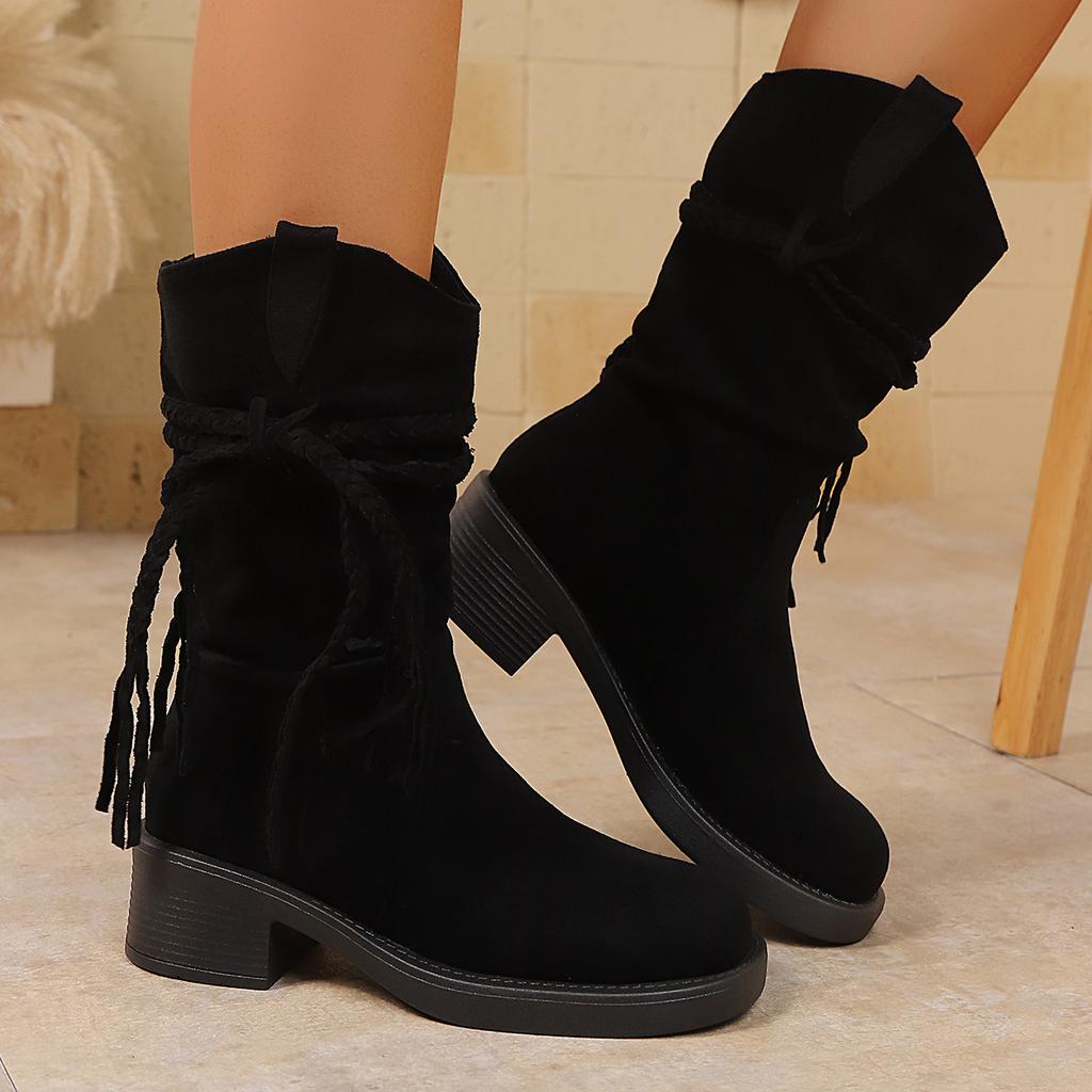 New Tassel Boots Retro Fashion Style Fashion Boots Thick Heel Long Tube Slim Look Stacked Middle Tube Boots