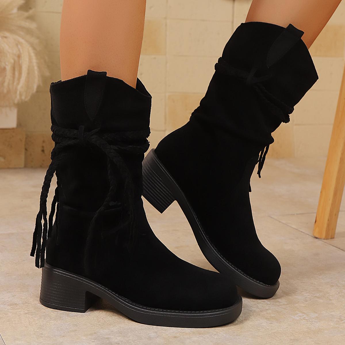 

New Tassel Boots Retro Fashion Style Fashion Boots Thick Heel Long Tube Slim Look Stacked Middle Tube Boots 42