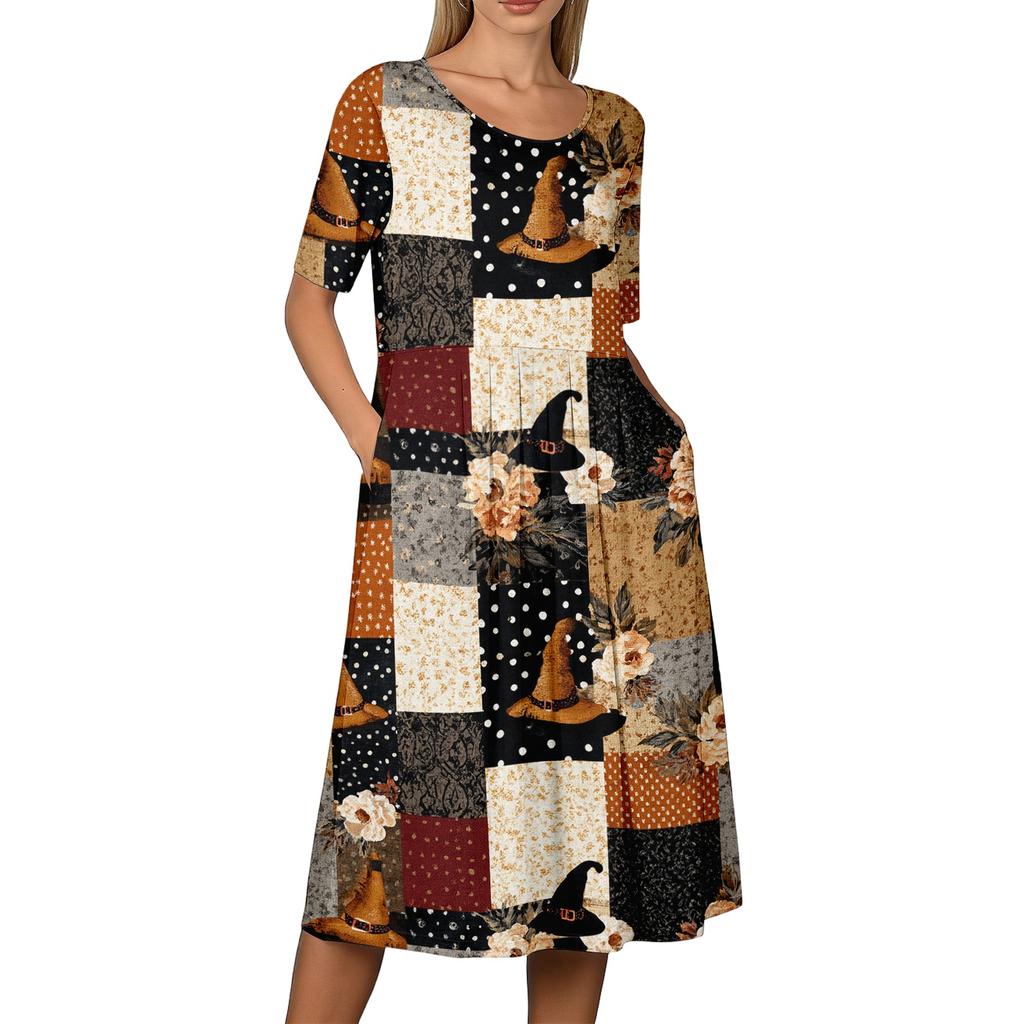 Women's Halloween Print Round Neck Pocket Dress Casual