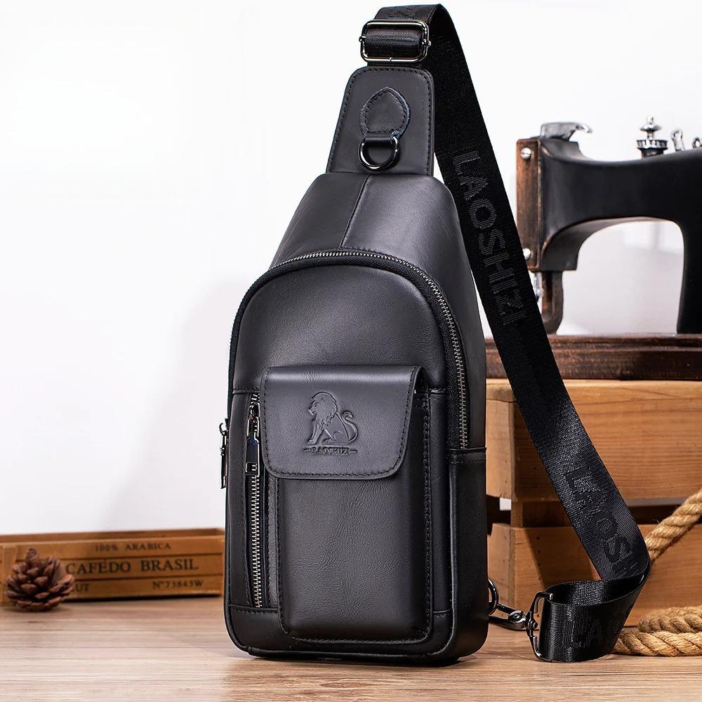 New Men's bag luxury large capacity chest bag for mobile phones and iPads, leather brand shoulder bag for travel
