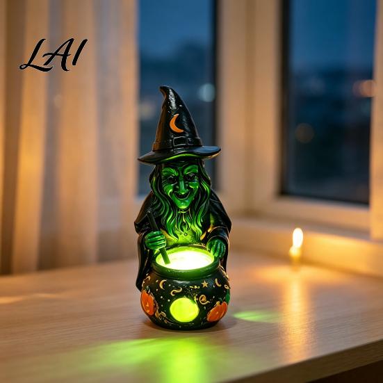 Creepy Haunted House Props Halloween Witch Cauldron Lamp Figurine Resin Scary Witches Lighted-Up Boiling Shadow Cauldron Festival Supplies