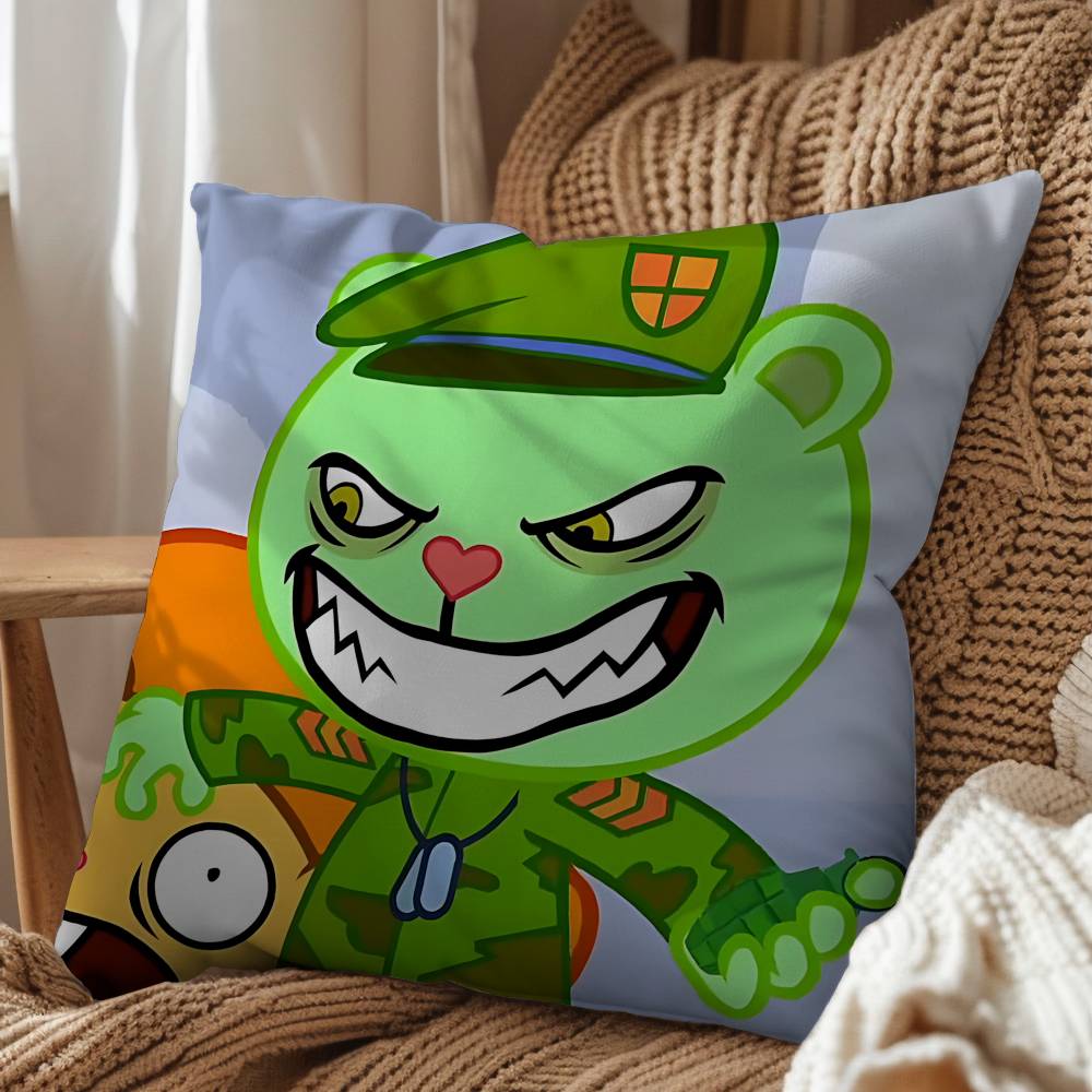 Green Cute Happy HTF Tree Friends Pillow Case Square DoubleSided Printing Short Plush Sofa Cushion Cover Bedroom Bedside Pillow