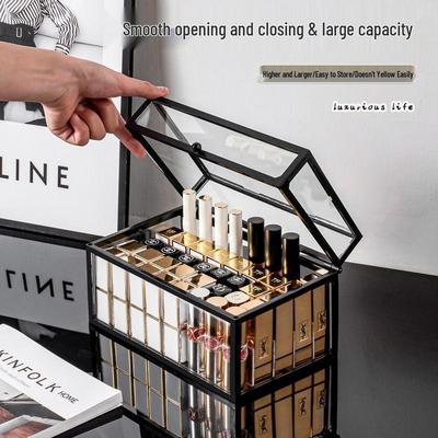 High-End Dustproof Glass Lipstick Storage Rack with Lid, Multi-Layer Design, Large Capacity for Lipstick and Lip Gloss