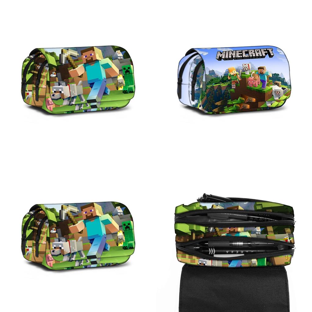 Minecraft Federmäppchen aus Polyester-Material, zweilagige Aufbewahrung für Kinder und Jugendliche