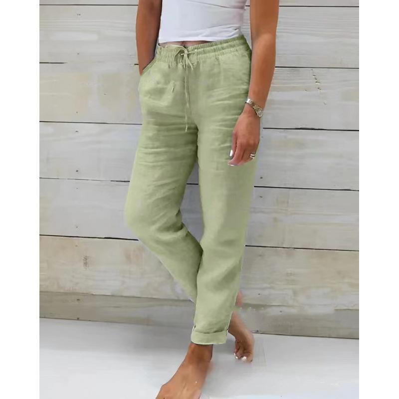 Mid Waist Elastic Waist Solid Color Cotton and Linen Casual Pants  Women’s Trousers