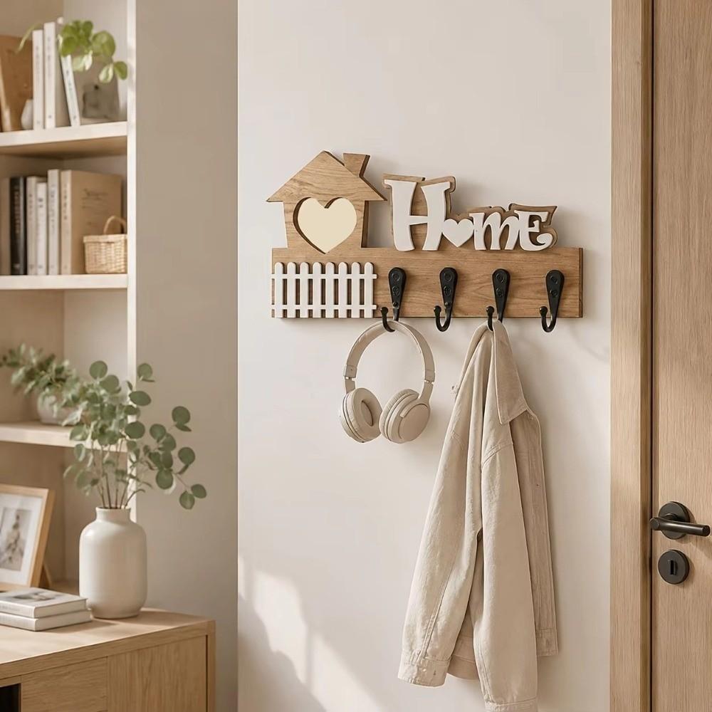 Vintage Wooden Key Hook 4 Hooks Key and Accessory Hanger Wall Storage Rack Entrance Decoration