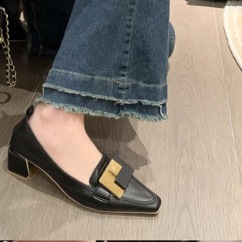 Fashion Women's Spring Season Medium Heel Comfortable Soft Work Shoes Genuine Sheepskin Coarse Heel Pointed Toe Loafers