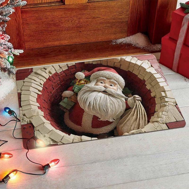 Santa Claus Chimney Doormat Funny Visual Illusion Decorative Floor Mat for Front Door Entryway Indoor Outdoor Holiday Decor