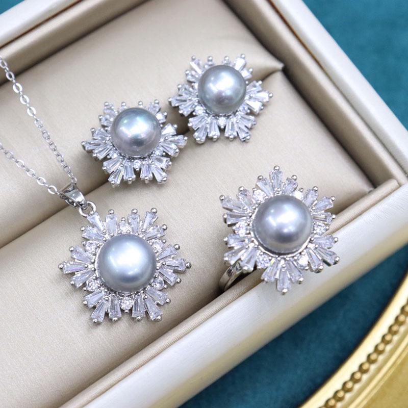 18K Gold-Plated Freshwater Pearl Jewelry Set: Necklace, Earrings & Ring with Micro-Pave Diamonds (9-10mm Pearls).