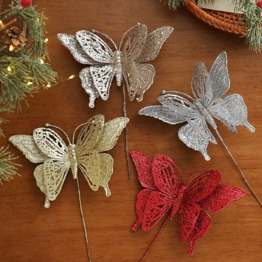 Glitter Butterfly Christmas Flower Simulated Sequins Christmas Tree Decoration Exquisite Flocking Artificial Butterfly Clip