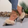 Women's Plush Mules High Heels  Metal Decoration, Pointed Toe Stiletto Sandals, Patent Leather Slippers, Fur Decoration, Sexy
