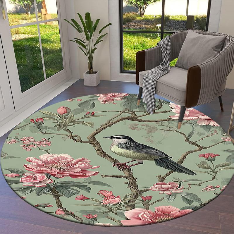 1PC Bird Flower Non-Slip Floor Round Carpet, Office, Family, Bedroom, Large Area Rug Indoor Rugs, Durable Polyester-Z0429