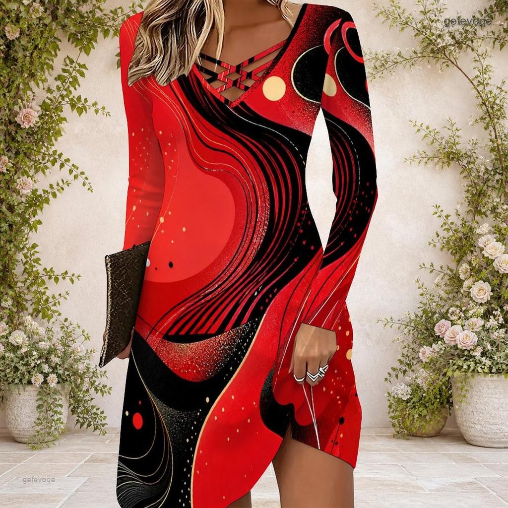 Women Criss Cross V Neck Long Sleeve Galaxy Nebula Printed Fitted Curved Hem Dress
