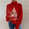 Womens Christmas Print High Neck Sweater Loose Fit Casual Long Sleeve Top