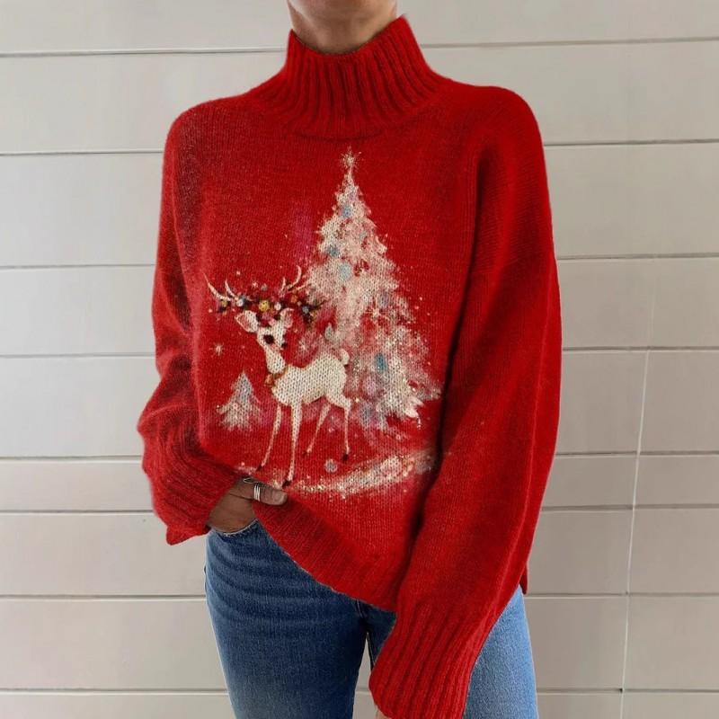 Womens Christmas Print High Neck Sweater Loose Fit Casual Long Sleeve Top
