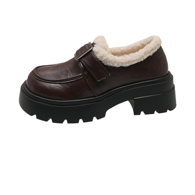 2024 thick heel velvet college style loafers winter new thick-soled Velcro cotton shoes women's fluffy small leather shoes tide