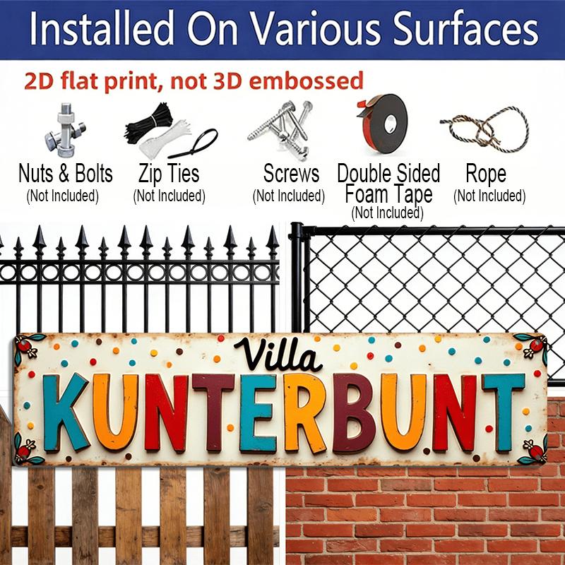 Letrero Decorativo de Aluminio 2D Plano 1 Pieza Estilo Casa de Campo Villa Kunterbunt, 15.7×3.94 pulgadas Decoración para Colgar en la Pared - Estilo Moderno, Perfecto para la Sala de Estar
