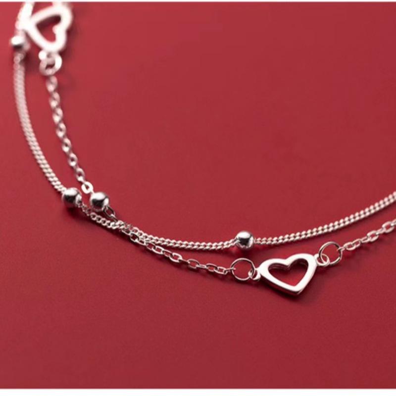 S925 Silver-Plated Heart & Beads Double-Layer Bracelet for Women
