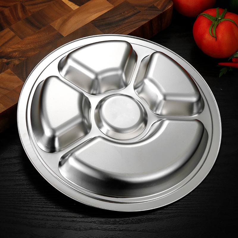 Stainless Steel Round Serving Tray Divided Food Dinner Plates Canteen Lunch Dishes Container Home Dinnerware